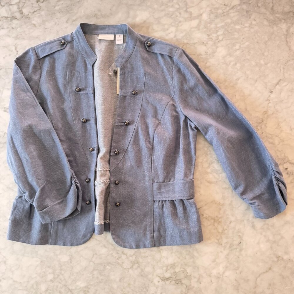 Chico's Womens Blazer Size 1 Blue Cotton Linen Blend Military Style - Picture 7 of 7